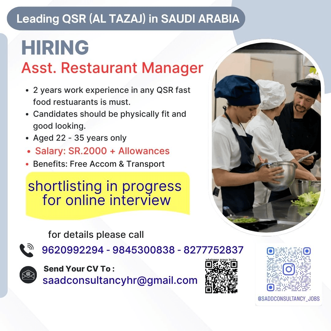 Assistant Restaurant Manager Jobs in Saudi Arabia – Al Tazaj QSR Hiring