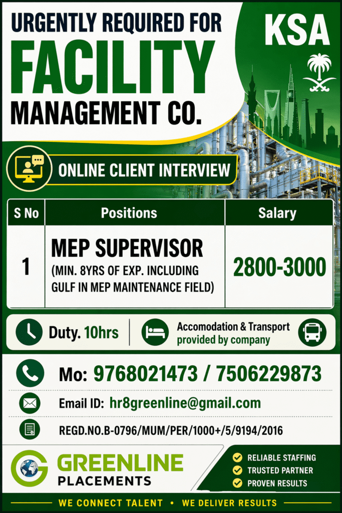 MEP Supervisor Jobs in Saudi Arabia 2026 – Urgent Hiring