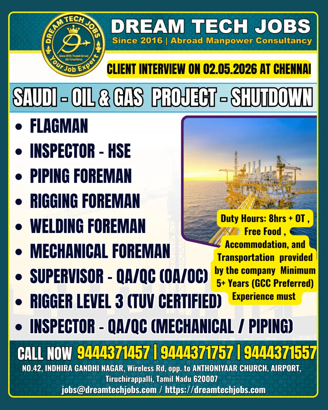 Saudi Oil Gas Shutdown Jobs 2026 – Chennai Client Interview