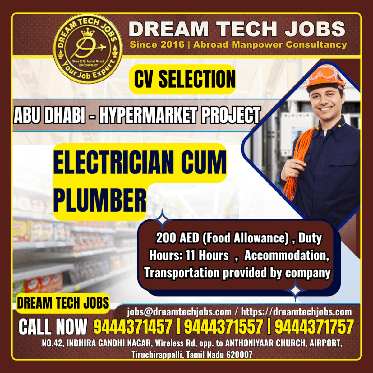 Electrician Cum Plumber Jobs in Abu Dhabi – Hypermarket Project