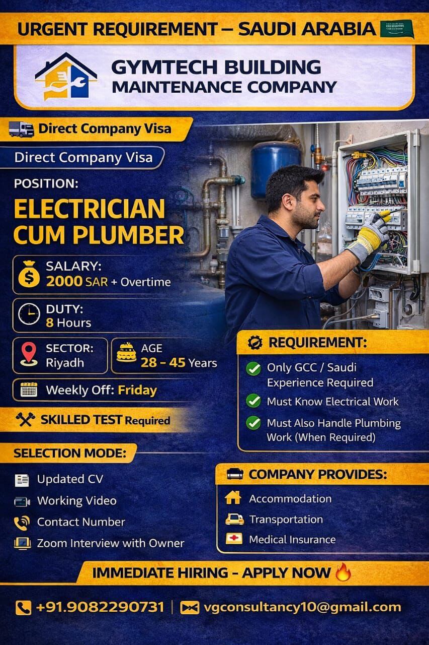 Electrician Cum Plumber Jobs in Saudi Arabia 2026 – Apply Now
