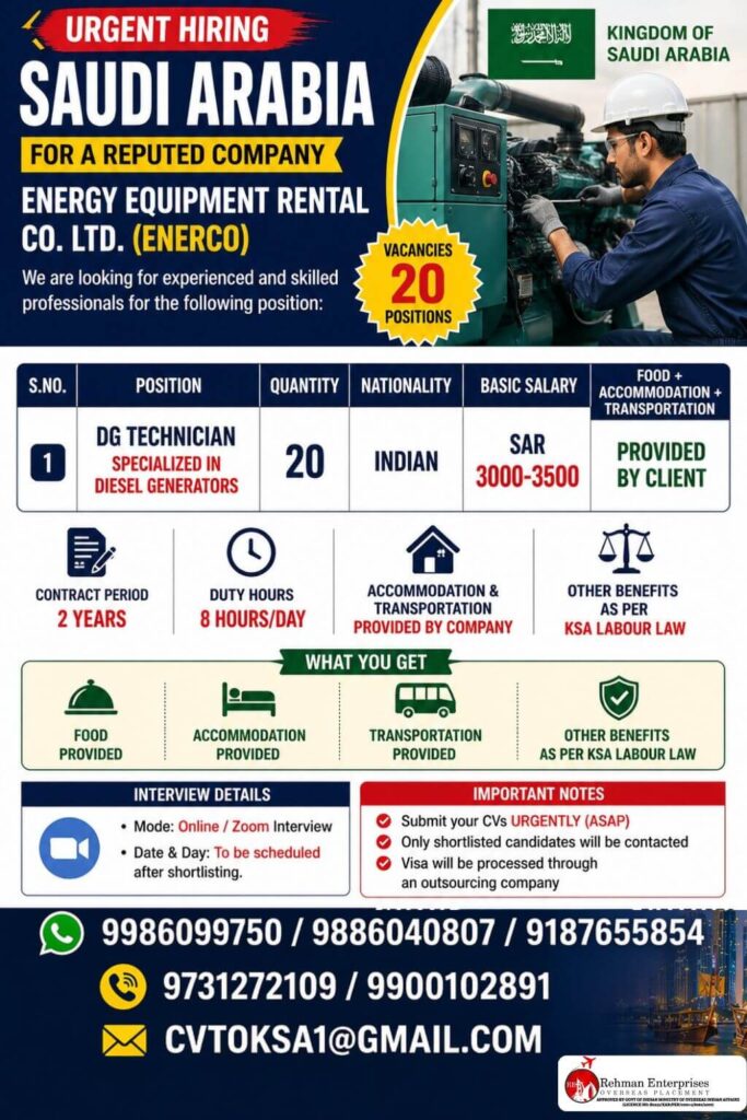 Urgent Hiring for Saudi Arabia – DG Technician Jobs