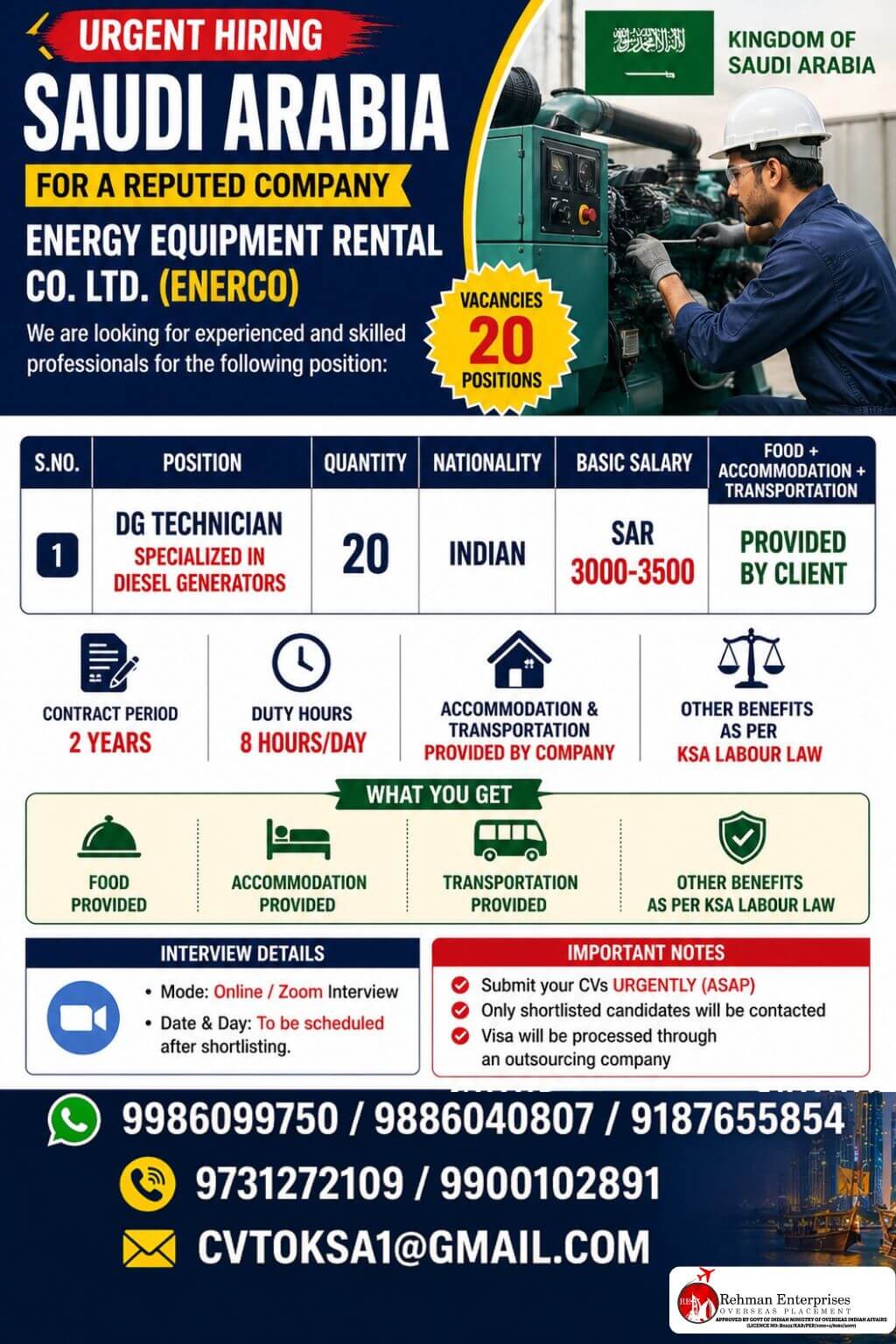 Urgent Hiring for Saudi Arabia – DG Technician Jobs