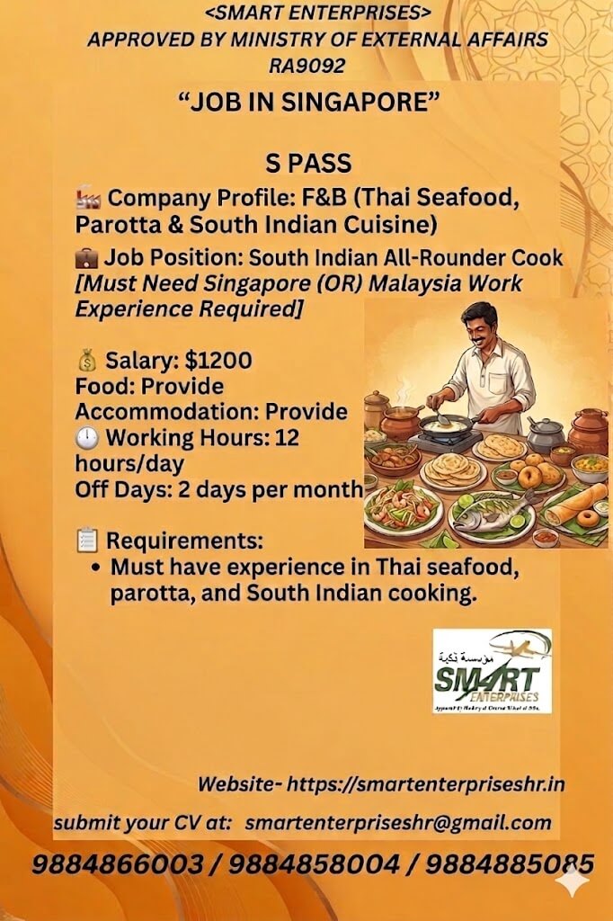 Singapore Cook Jobs 2026 – Urgent Hiring for South Indian Cook
