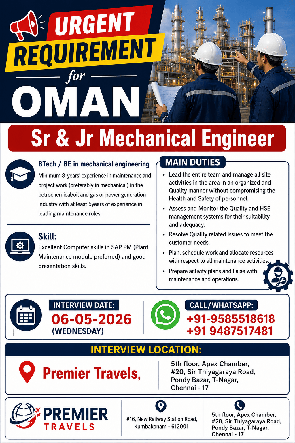 Oman Mechanical Engineer Jobs 2026 – Walk-in Interview in Chennai