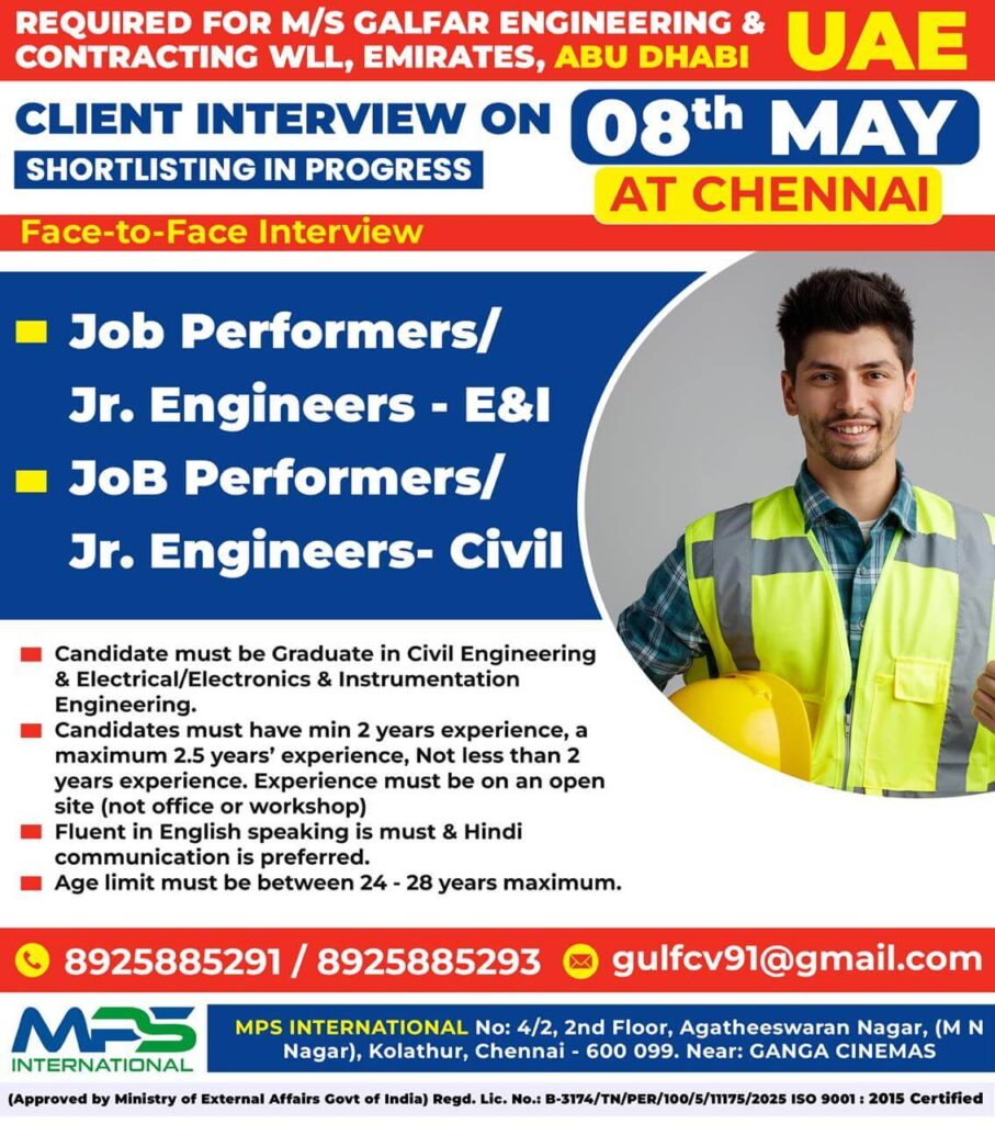 Galfar Abu Dhabi Jobs 2026 – Direct Interview in Chennai