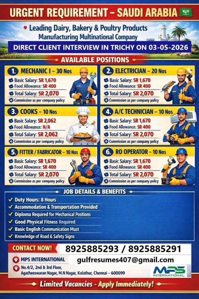 Saudi Arabia Jobs 2026 – Urgent Requirement