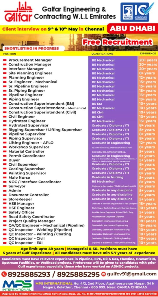 Galfar Abu Dhabi Jobs 2026 – Free Recruitment in Chennai