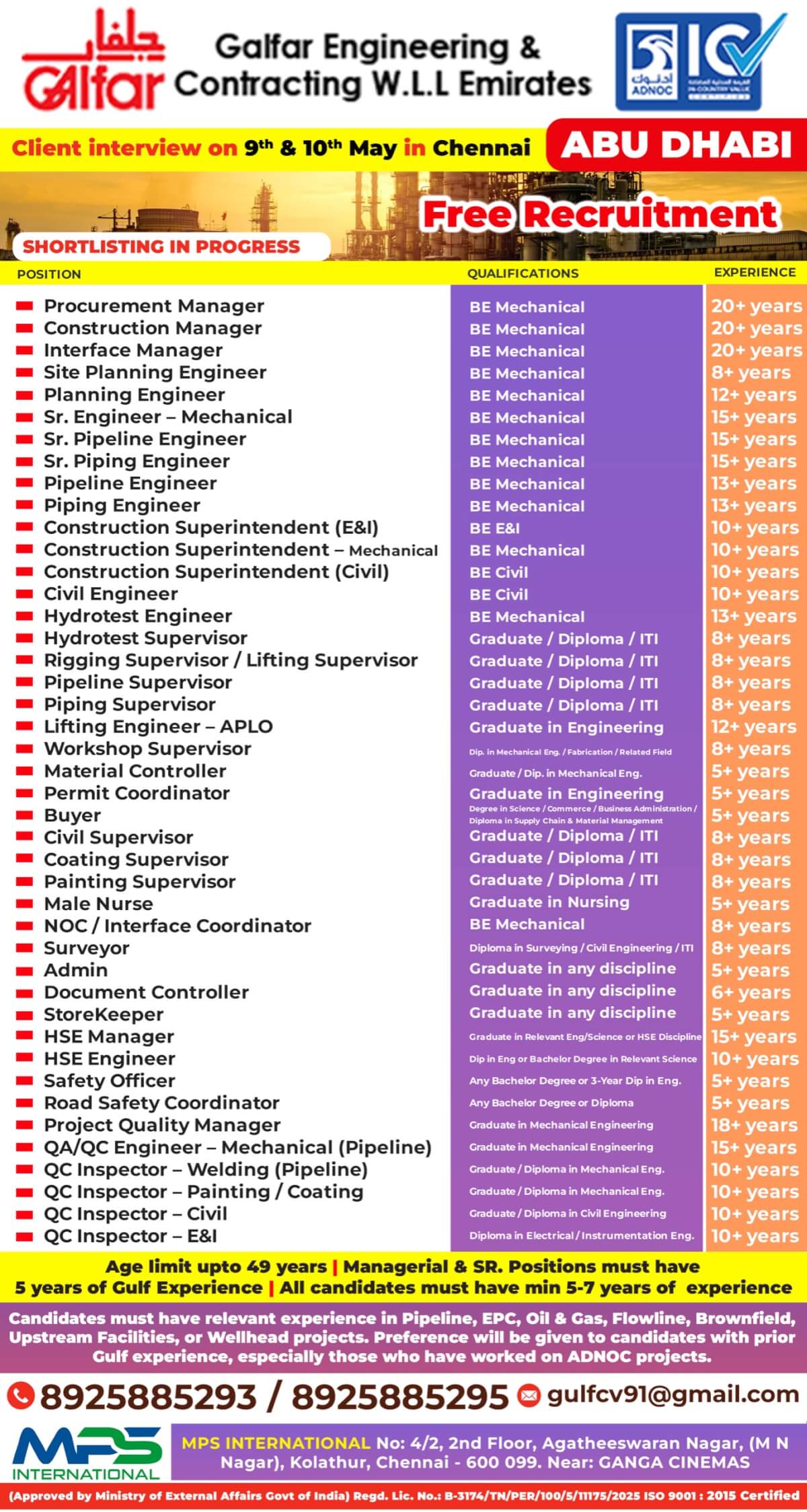 Galfar Abu Dhabi Jobs 2026 – Free Recruitment in Chennai