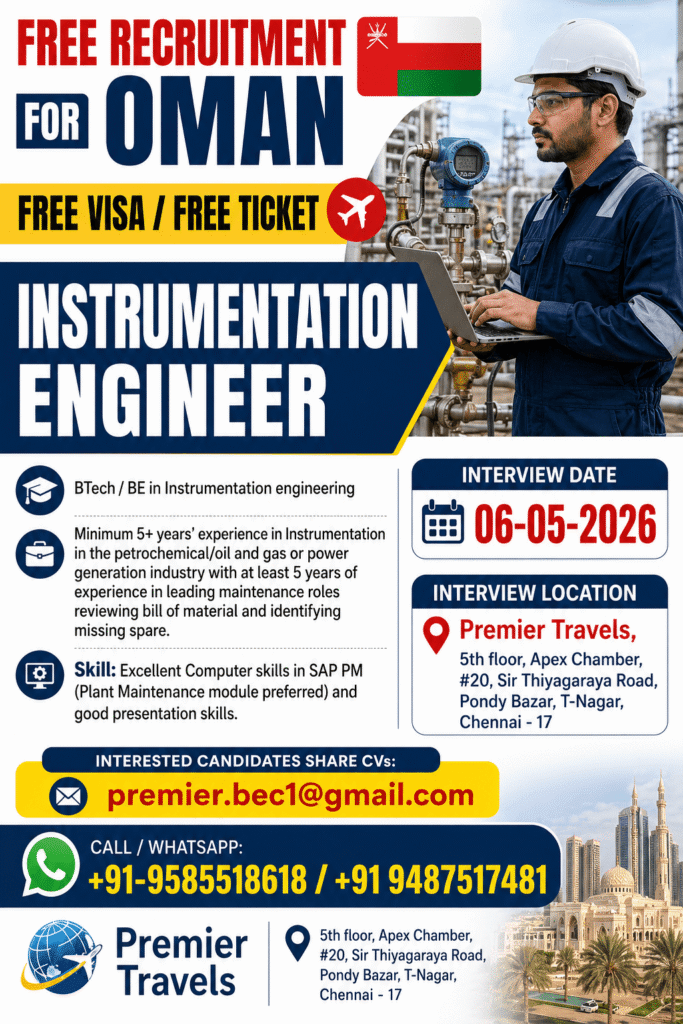 Instrumentation Engineer Jobs in Oman 2026 – Free Visa & Ticket