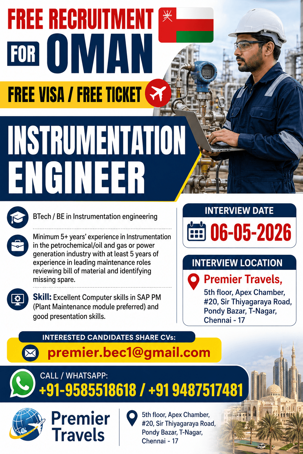 Instrumentation Engineer Jobs in Oman 2026 – Free Visa & Ticket