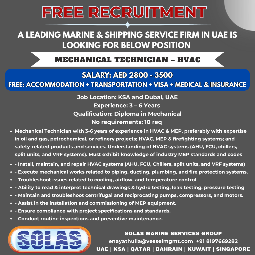 Mechanical Technician HVAC Jobs UAE 2026 – Apply Now