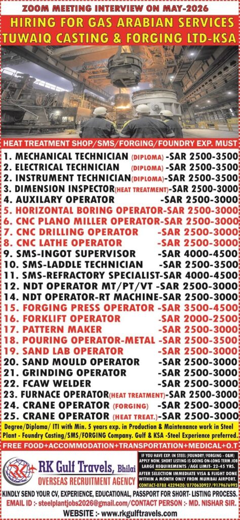 Saudi Steel Plant Jobs 2026 – Gas Arabian Services Hiring for KSA
