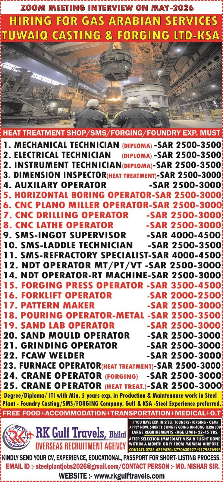 Saudi Steel Plant Jobs 2026 – Gas Arabian Services Hiring for KSA