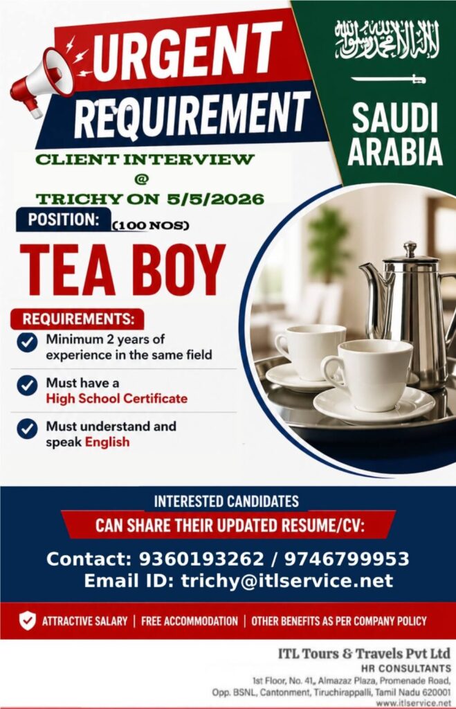 Latest Tea Boy Job Vacancy in Saudi Arabia 2026