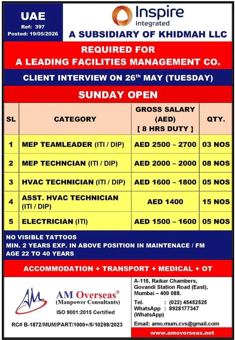 UAE Facilities Management Jobs 2026 – Client Interview on 26 May
