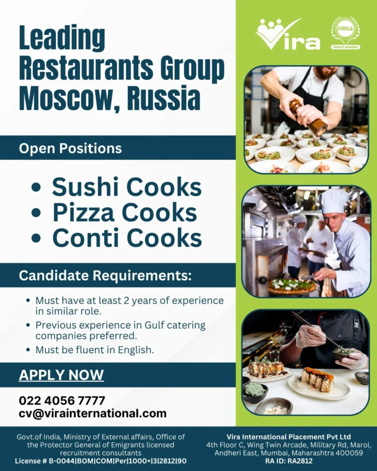 Russia Restaurant Jobs 2026 – Hiring Sushi Cooks, Pizza Cooks & Conti Cooks
