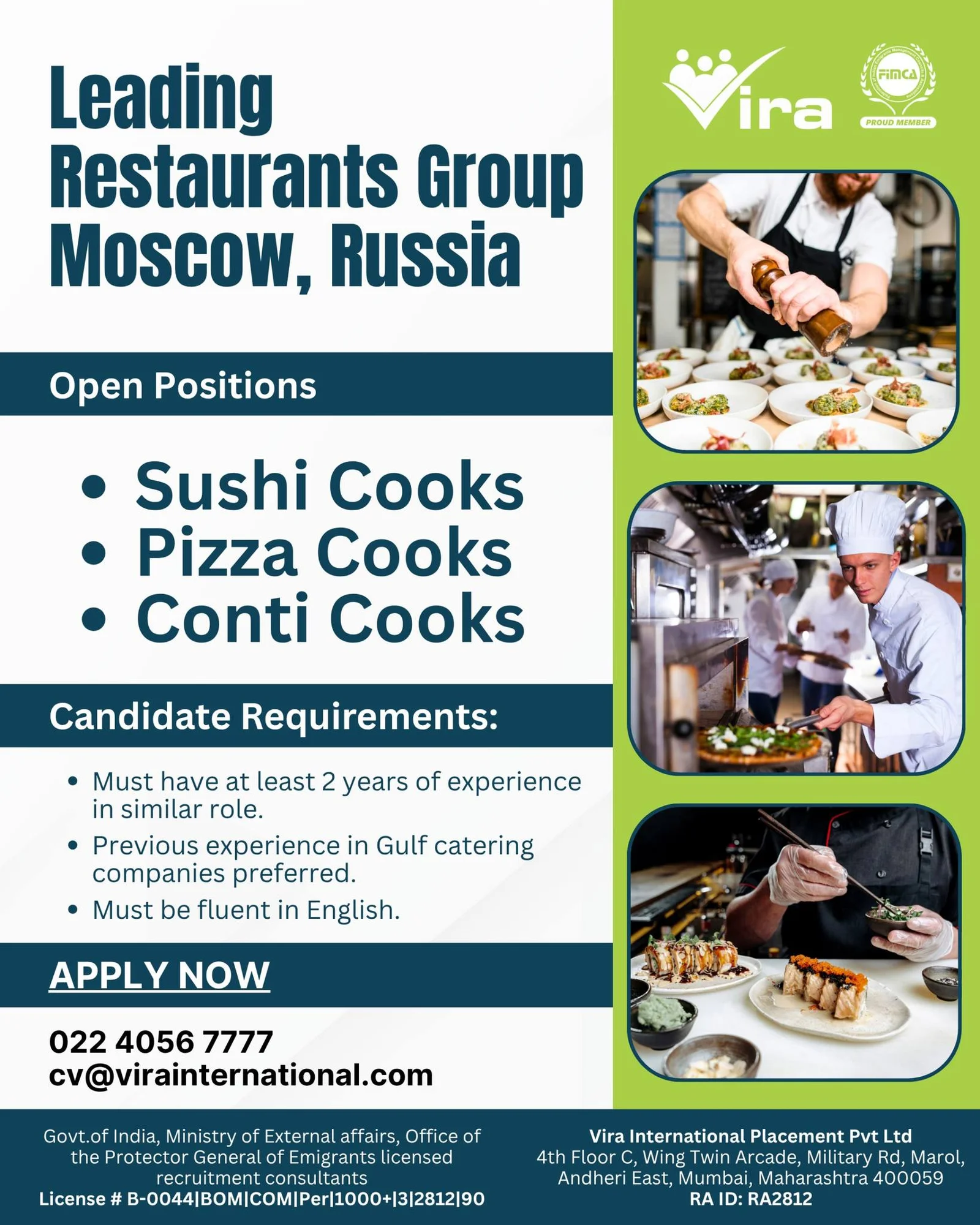 Russia Restaurant Jobs 2026 – Hiring Sushi Cooks, Pizza Cooks & Conti Cooks