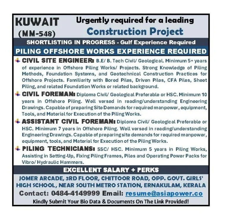 Kuwait Construction Project Jobs 2026 – Offshore Piling Vacancies | Apply Now