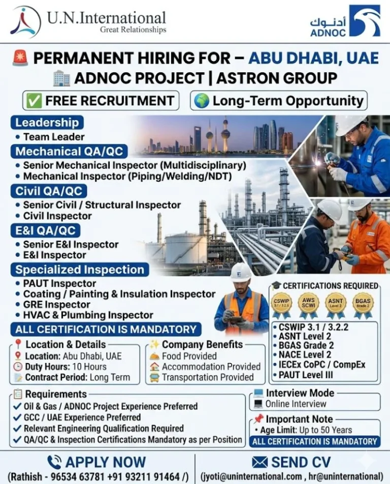 Abu Dhabi ADNOC Project Jobs 2026 – Free Recruitment for Astron Group UAE