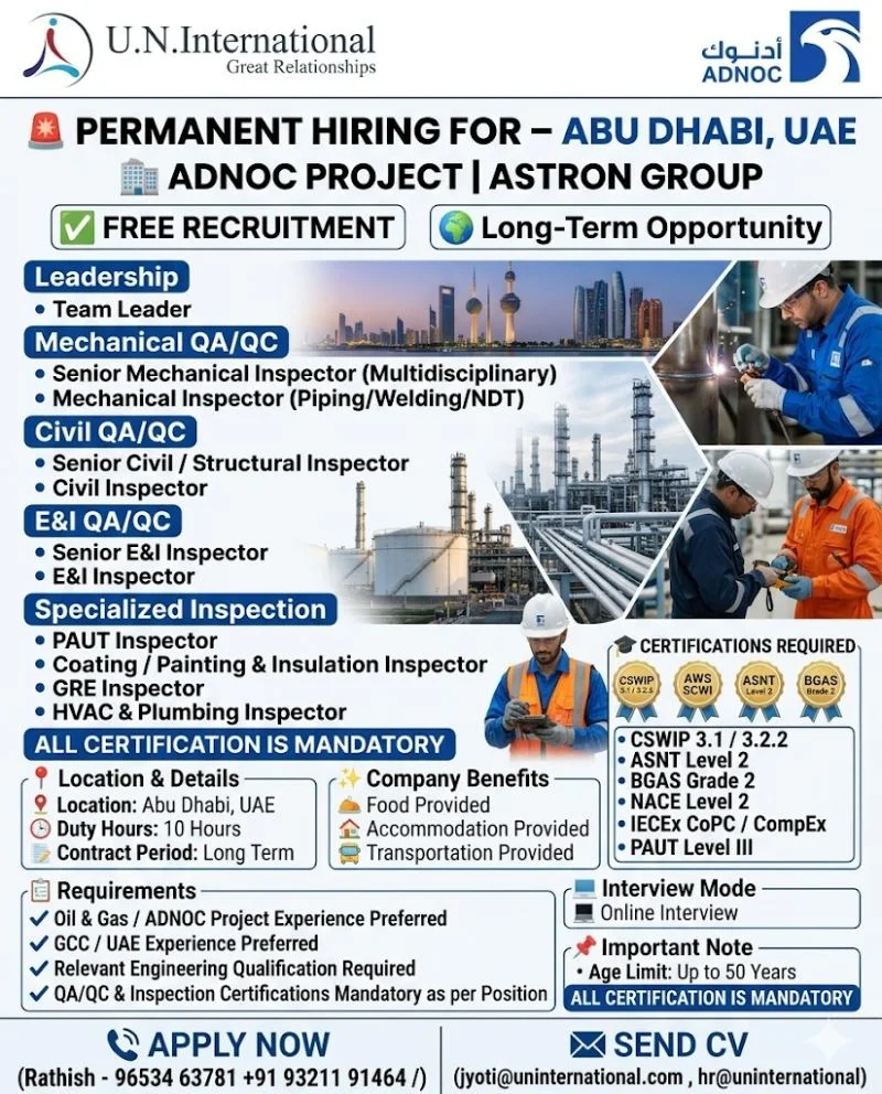 Abu Dhabi ADNOC Project Jobs 2026 – Free Recruitment for Astron Group UAE