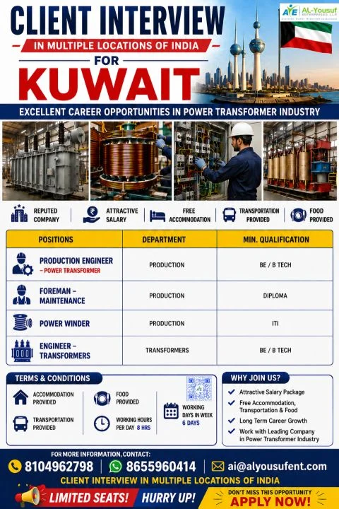 Kuwait Power Transformer Industry Jobs 2026 | Client Interview in Multiple Locations Across India