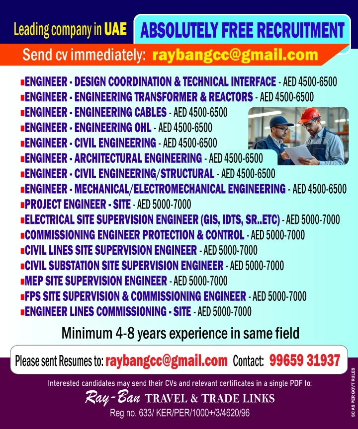 UAE Engineering & Site Supervision Jobs 2026 – Free Recruitment | Apply Now