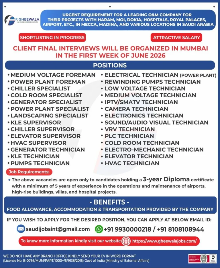 Saudi Arabia O&M Company Jobs 2026 – Client Interview in Mumbai