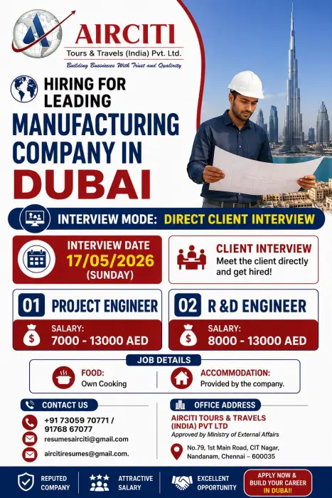 Dubai Manufacturing Company Jobs 2026 – Direct Client Interview for Engineers