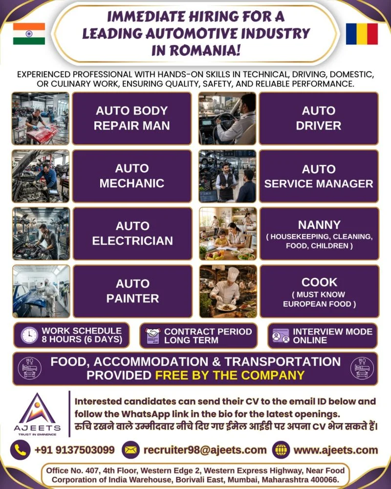 Romania Automotive Industry Jobs 2026 – Free Accommodation & Online Interview
