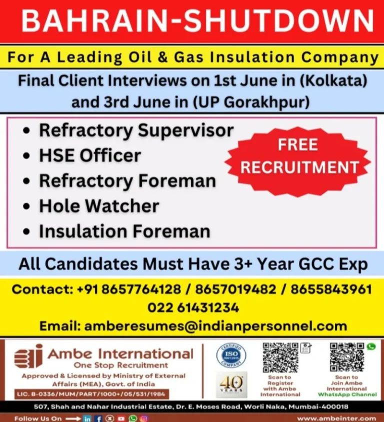 Bahrain Shutdown Jobs 2026 – Free Recruitment for Oil & Gas Insulation Company