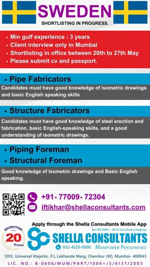Sweden Fabrication & Foreman Job Vacancies 2026 – Client Interview in Mumbai