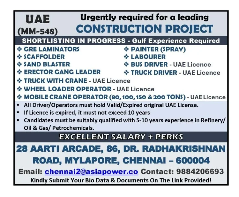 UAE Construction Project Jobs 2026 – Gulf Experience Required | Apply Now