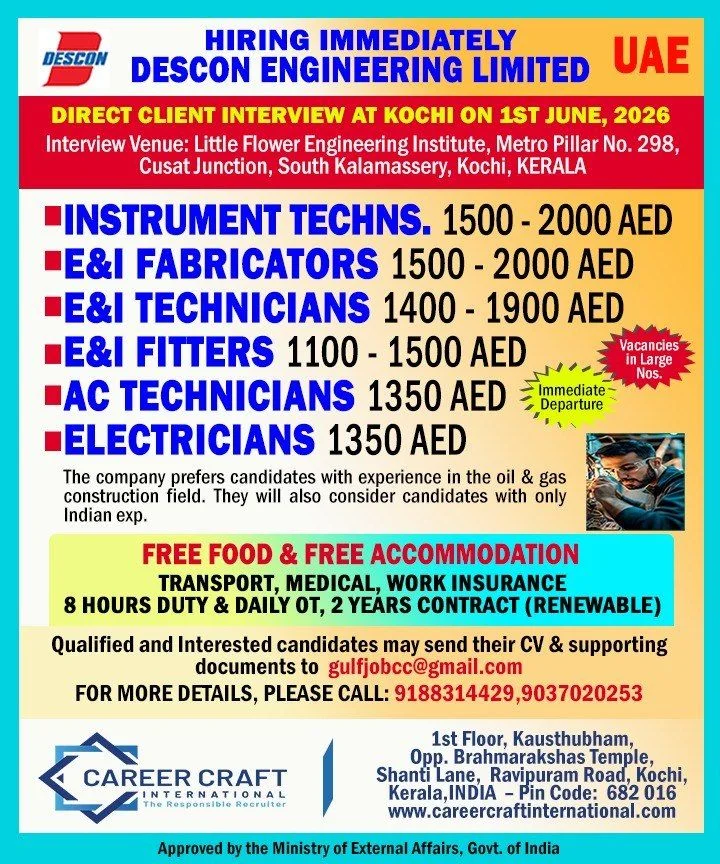 DESCON Engineering Limited UAE Jobs 2026 – Direct Client Interview in Kochi