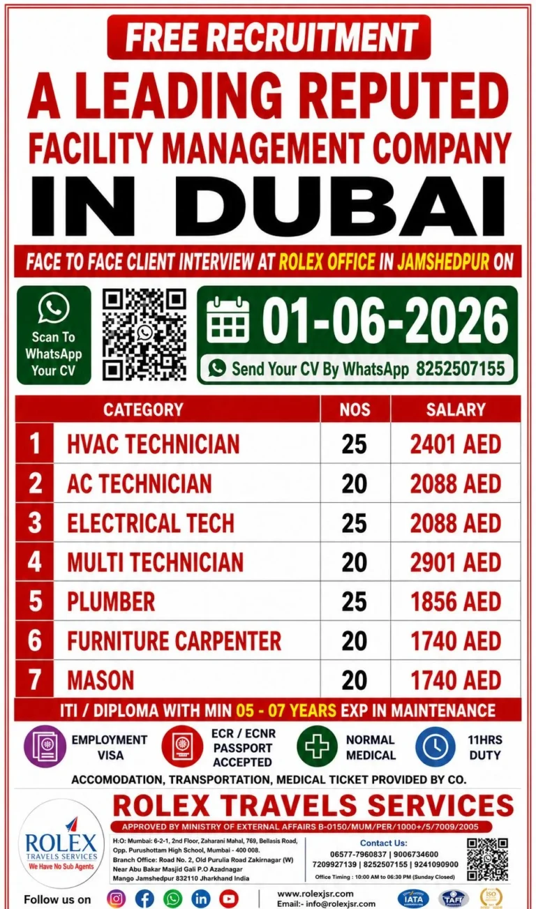 Dubai Facility Management Company Jobs 2026 – Free Recruitment | Face to Face Interview