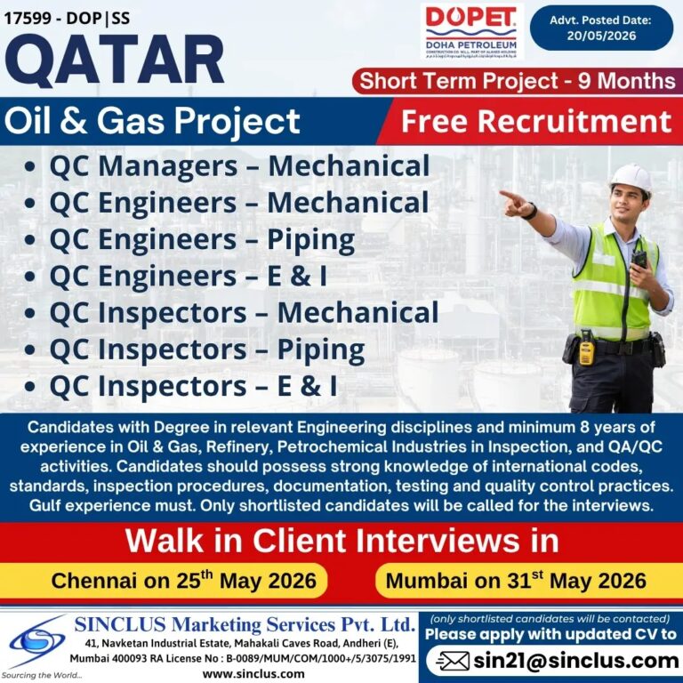 Qatar Oil & Gas Project Jobs 2026 – Free Recruitment for QA/QC Positions