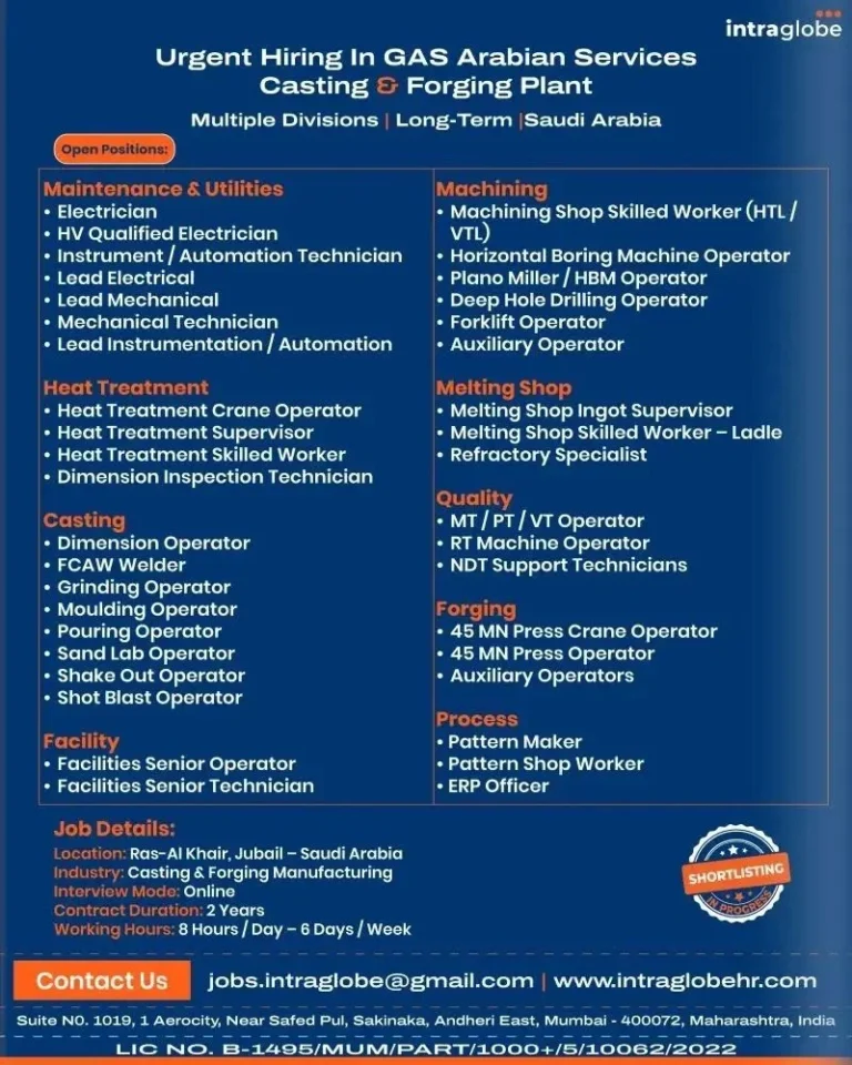 GAS Arabian Services Casting & Forging Plant Jobs In Saudi Arabia 2026 – Apply Online