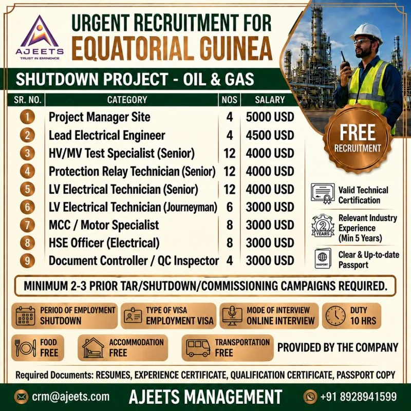 Equatorial Guinea Shutdown Project Jobs 2026 – Oil & Gas Vacancies | Free Recruitment