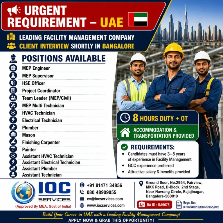 UAE Facility Management Jobs 2026 – Client Interview Shortly in Bangalore