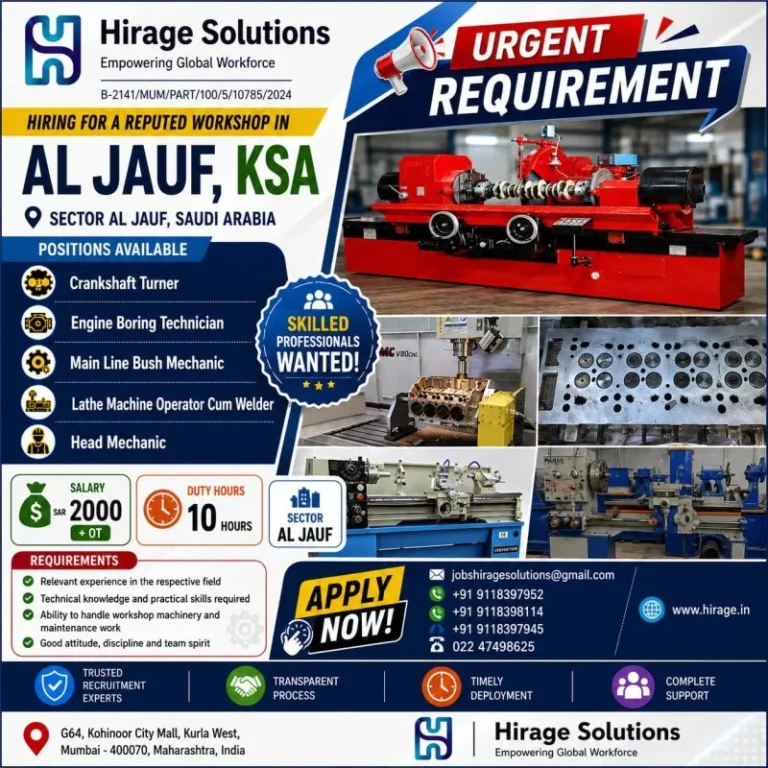 Al Jouf KSA Workshop Jobs 2026 – Urgent Hiring for Skilled Technicians