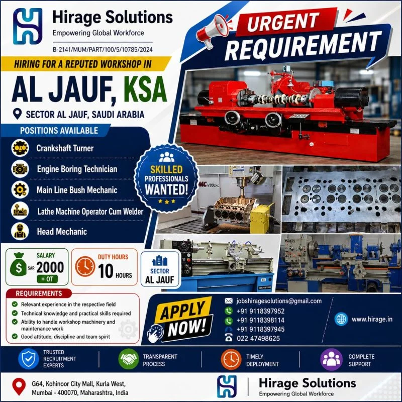 Al Jouf KSA Workshop Jobs 2026 – Urgent Hiring for Skilled Technicians