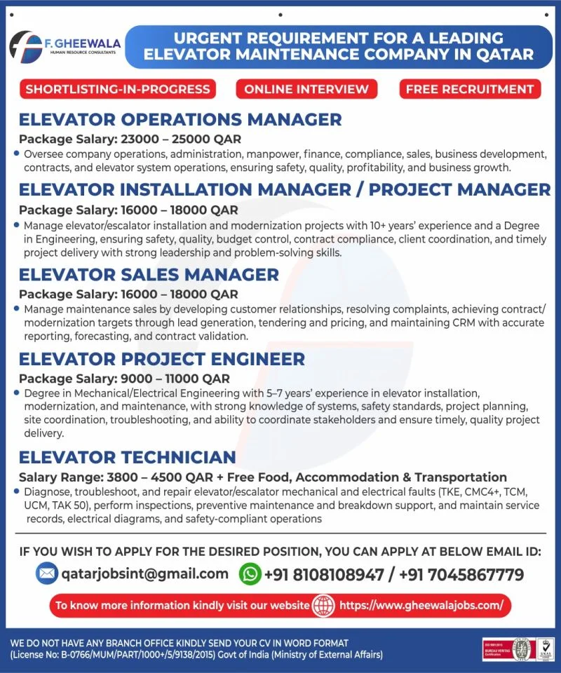 Qatar Elevator Company Jobs 2026 – Free Recruitment | Online Interview