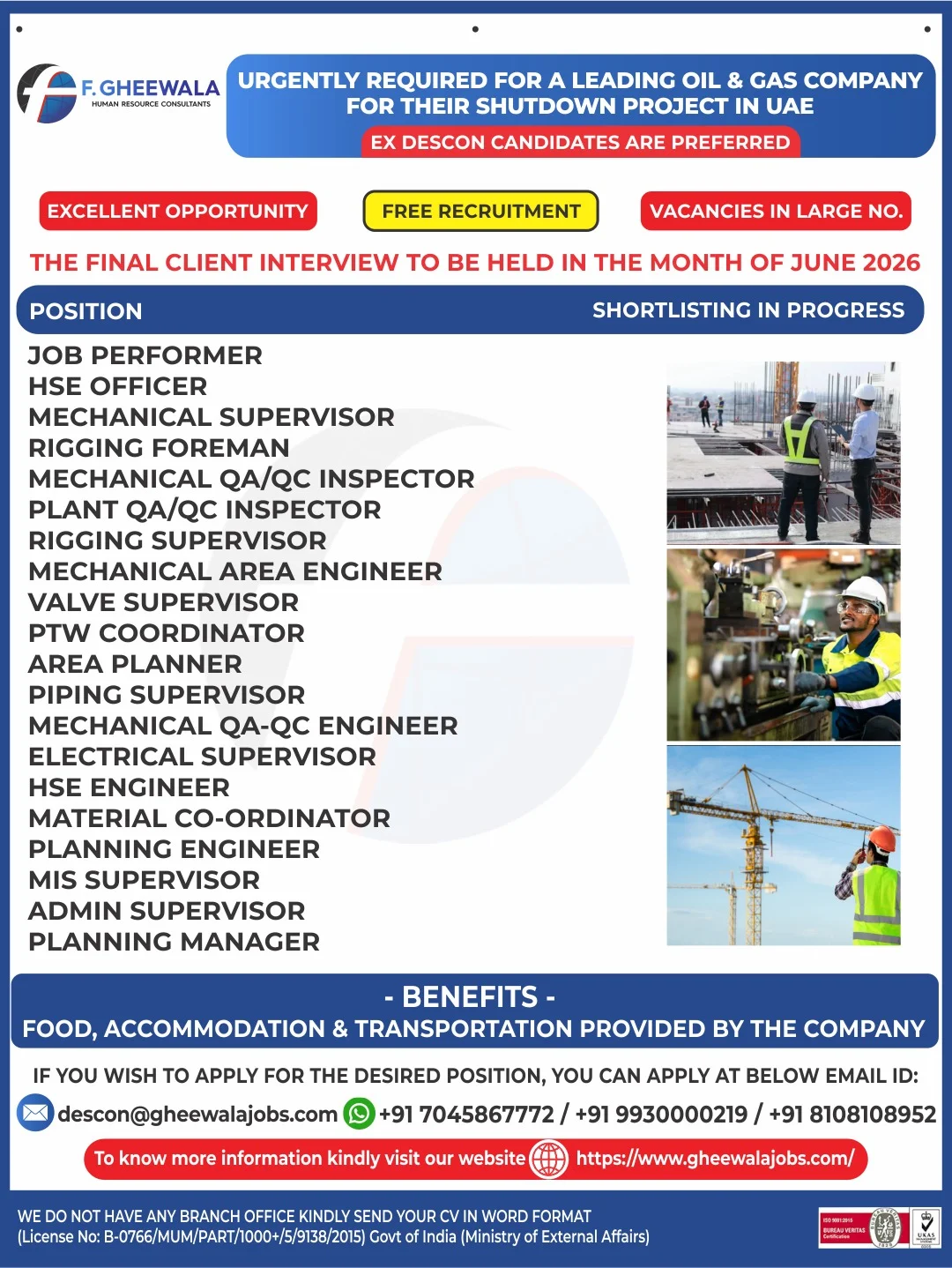 UAE Shutdown Project Jobs 2026 – Free Recruitment for Leading Oil & Gas Company