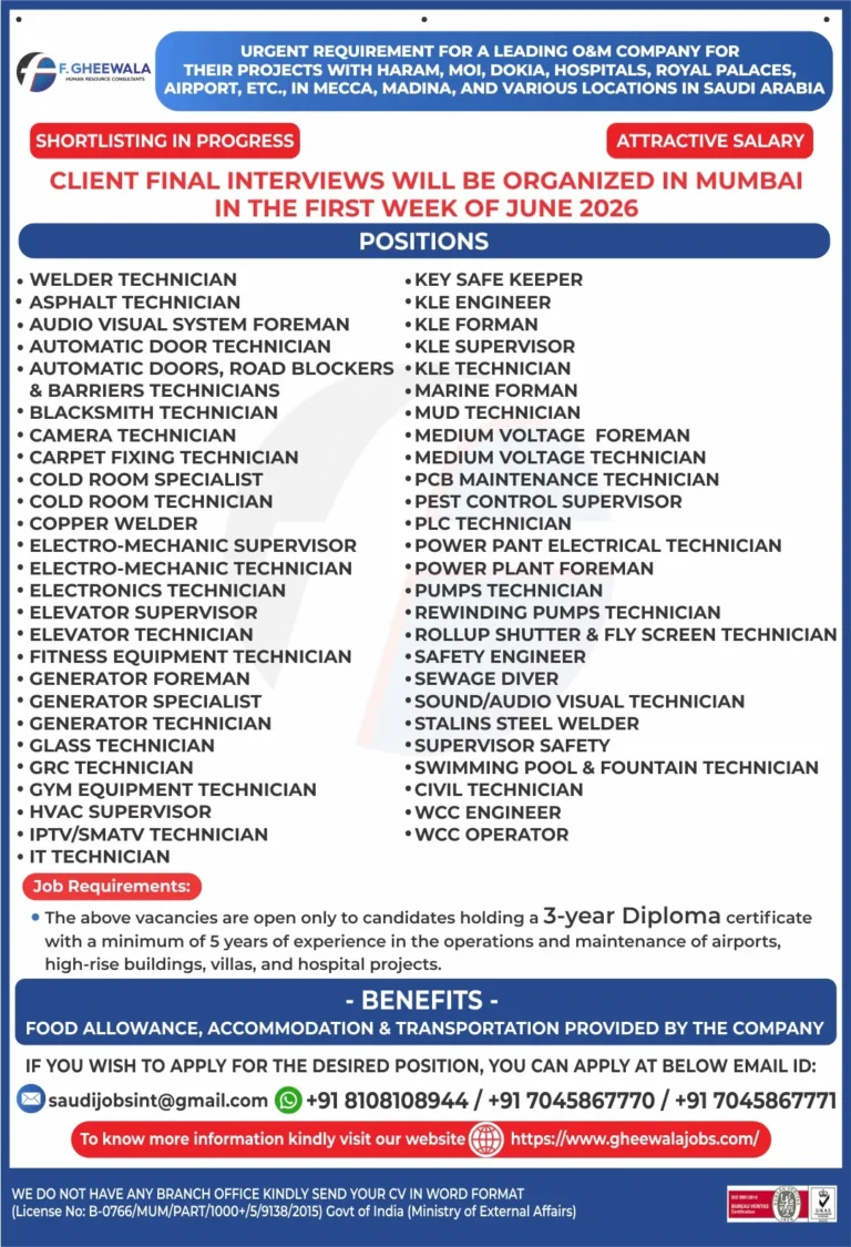 Saudi Arabia O&M Company Jobs 2026 – Client Interview in Mumbai