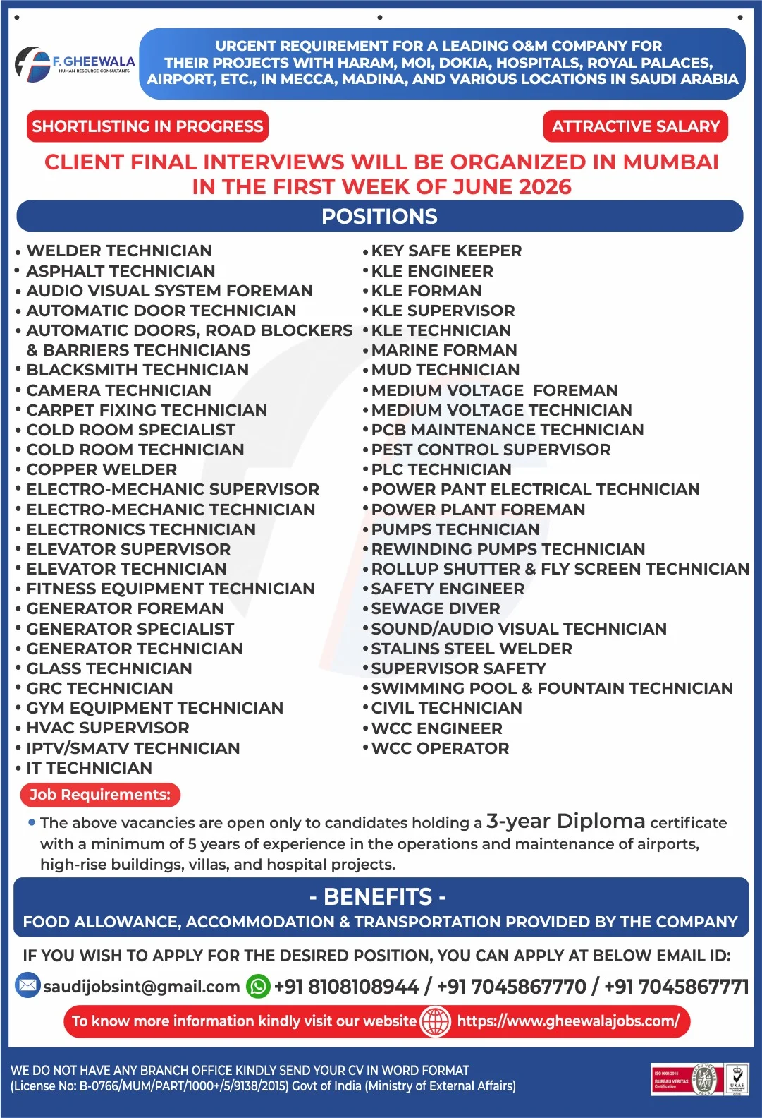 Saudi Arabia O&M Company Jobs 2026 – Client Interview in Mumbai