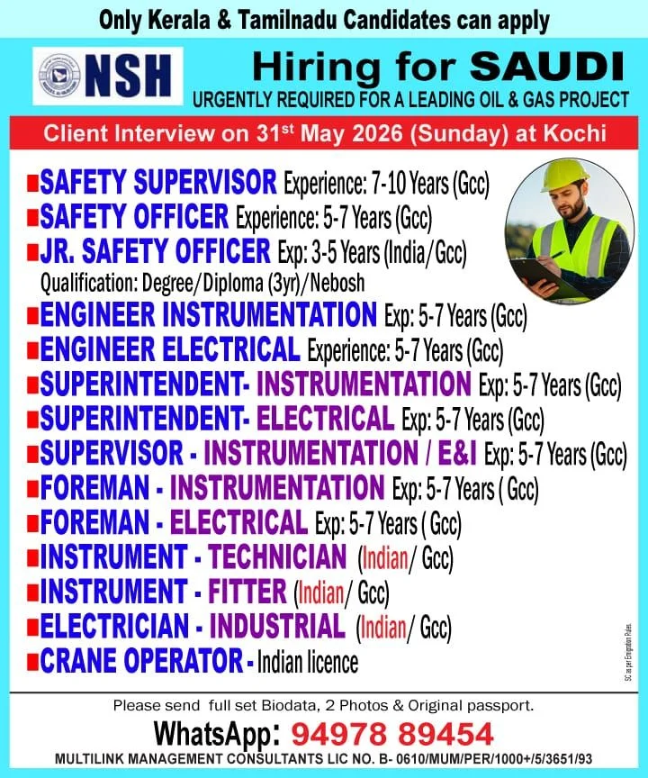 Saudi Arabia Oil & Gas Project Jobs 2026 – Client Interview in Kochi on 31st May