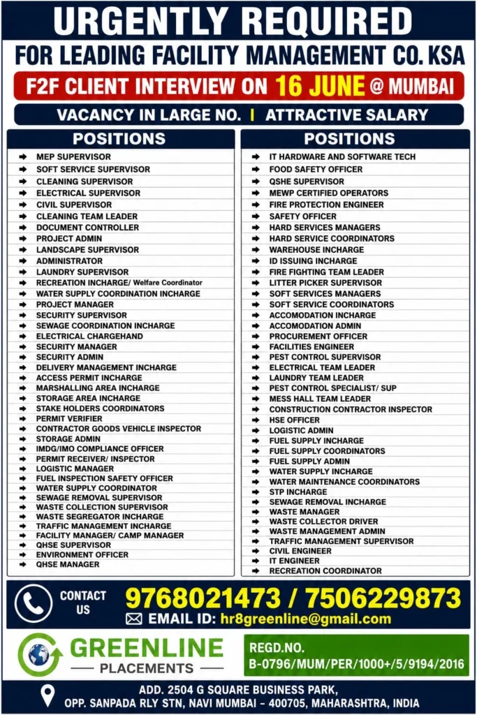Saudi Arabia Facility Management Jobs 2026 – Large Vacancies | Direct Client Interview in Mumbai