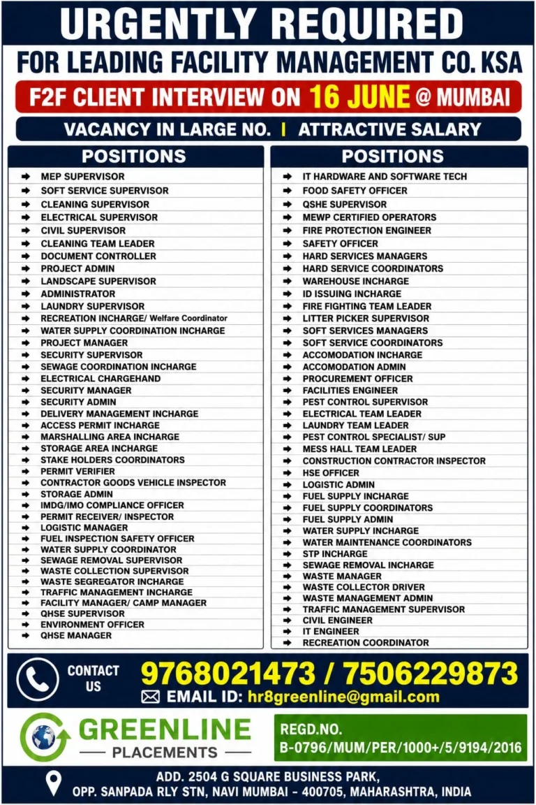 Saudi Arabia Facility Management Jobs 2026 – Large Vacancies | Direct Client Interview in Mumbai