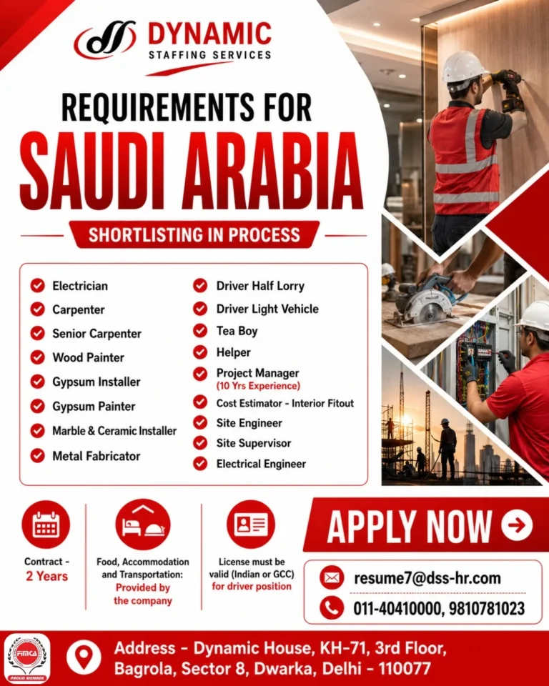 Saudi Arabia Jobs 2026 – Direct Hiring for Electricians, Carpenters, Drivers & Engineer