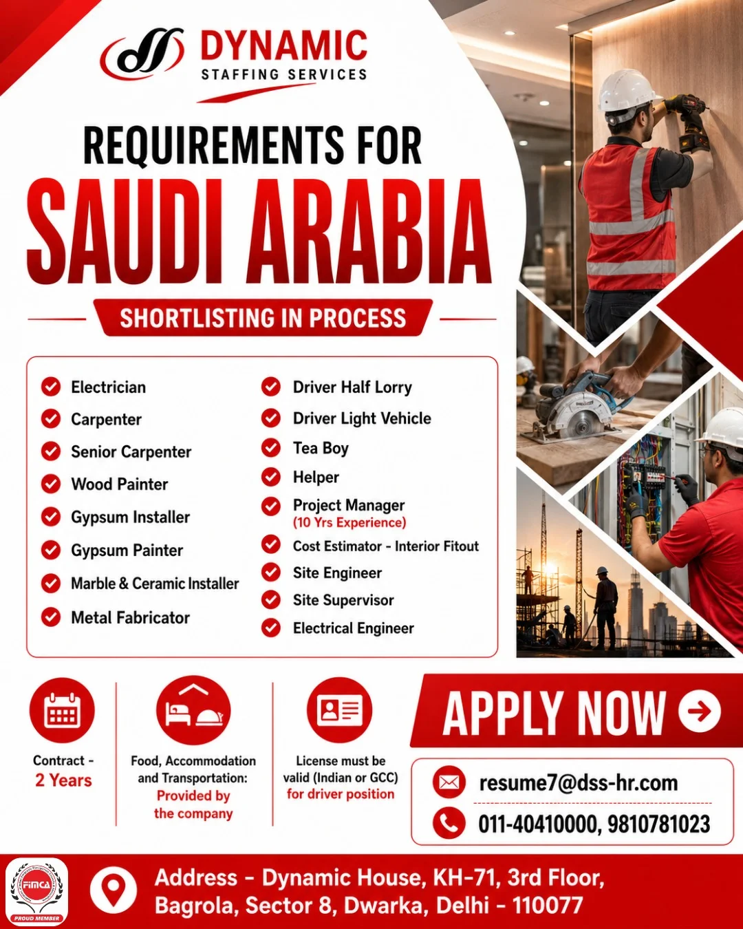 Saudi Arabia Jobs 2026 – Direct Hiring for Electricians, Carpenters, Drivers & Engineer